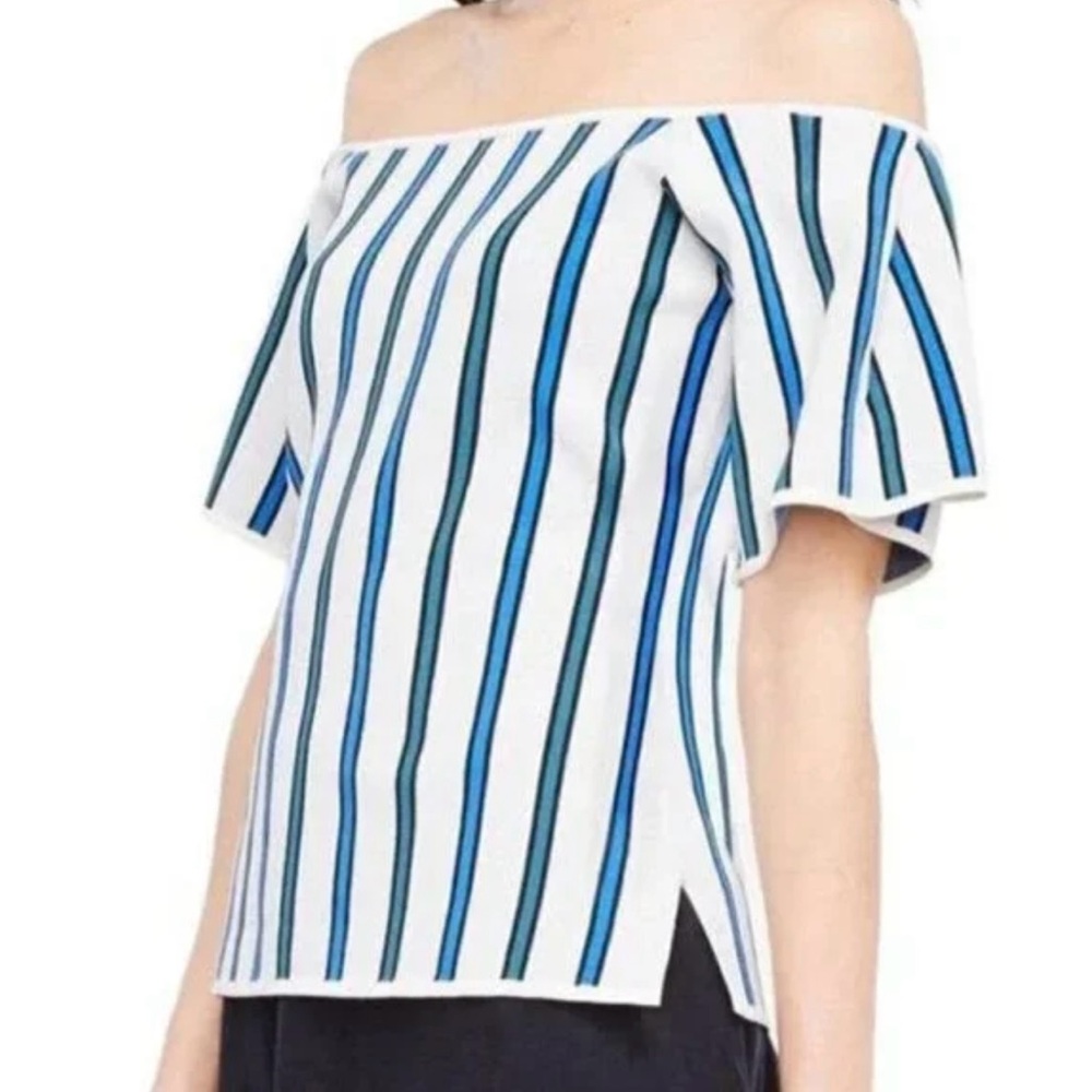 Ann Taylor Blue and White Off-Shoulder Blouse with Flutter Sleeves